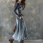 Piper - Women's Velvet Collar Button-Front Maxi Dress