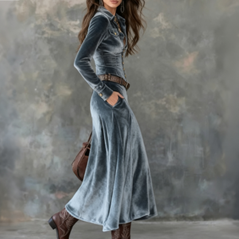 Piper - Women's Velvet Collar Button-Front Maxi Dress