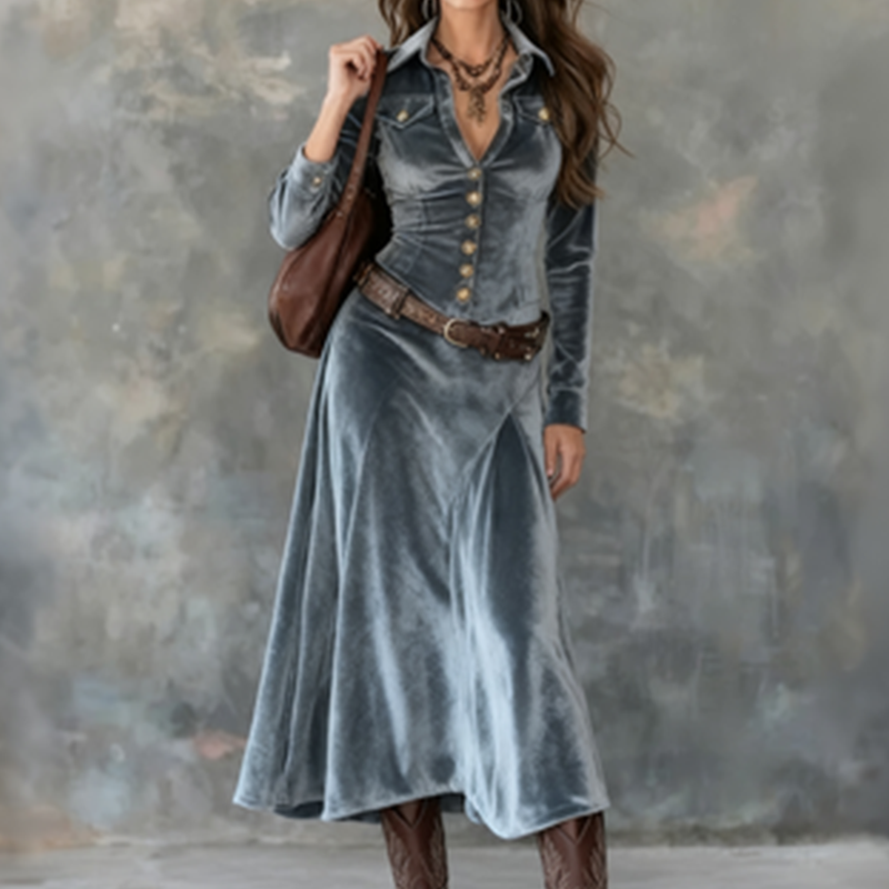 Piper - Women's Velvet Collar Button-Front Maxi Dress