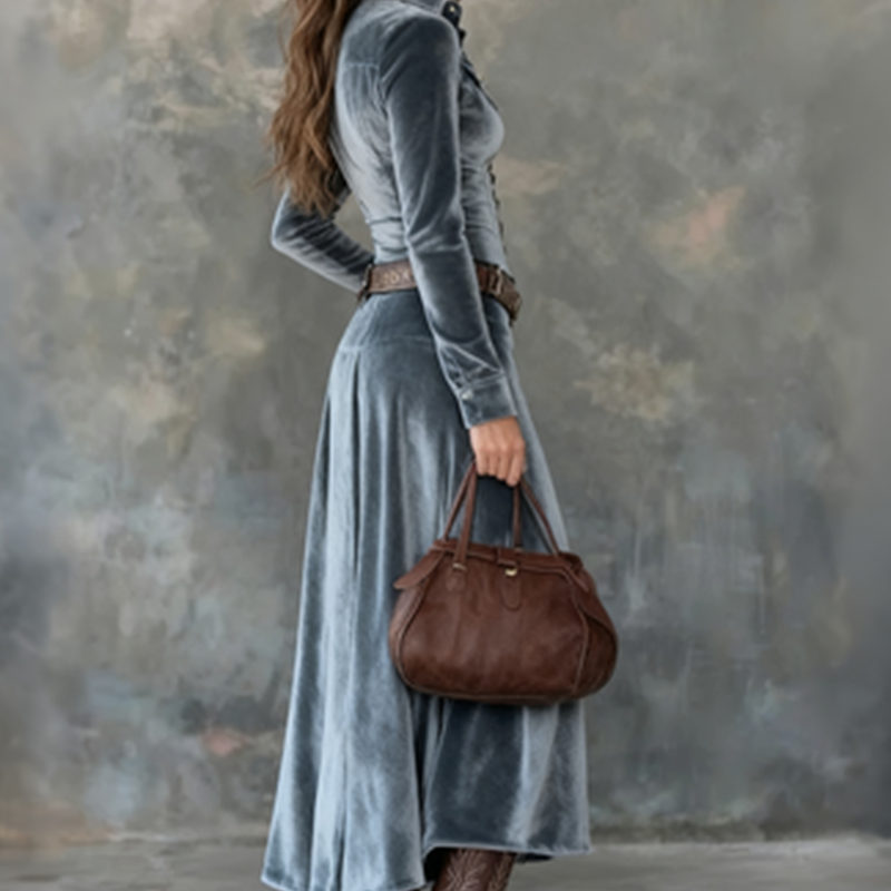 Piper - Women's Velvet Collar Button-Front Maxi Dress
