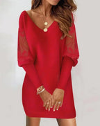Portia - Women's Lace-Sleeve Shift Dress with V-Neckline