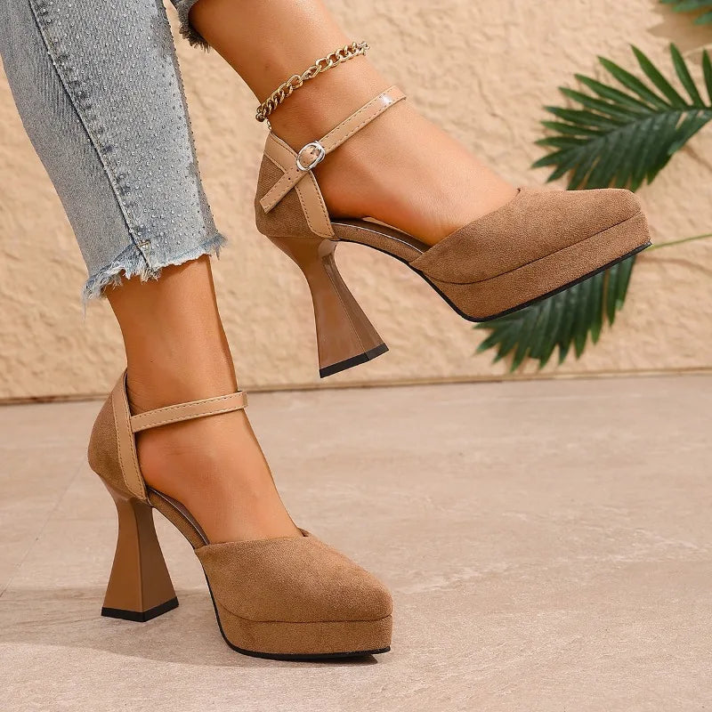 Quinley - Women's Velvet Platform Heels with Ankle Strap