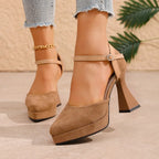 Quinley - Women's Velvet Platform Heels with Ankle Strap