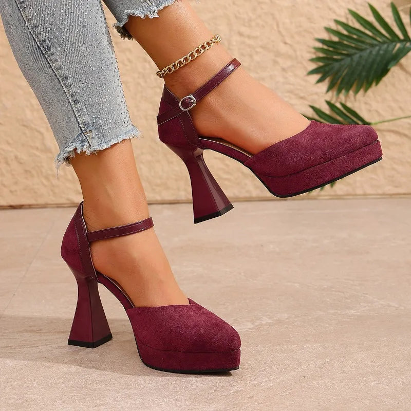 Quinley - Women's Velvet Platform Heels with Ankle Strap