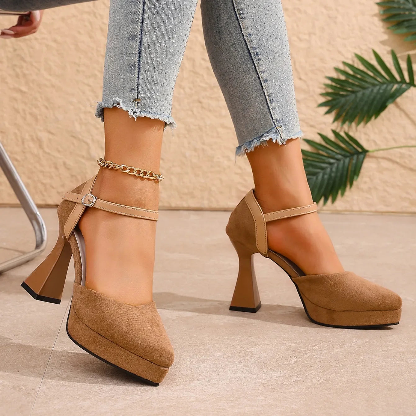 Quinley - Women's Velvet Platform Heels with Ankle Strap