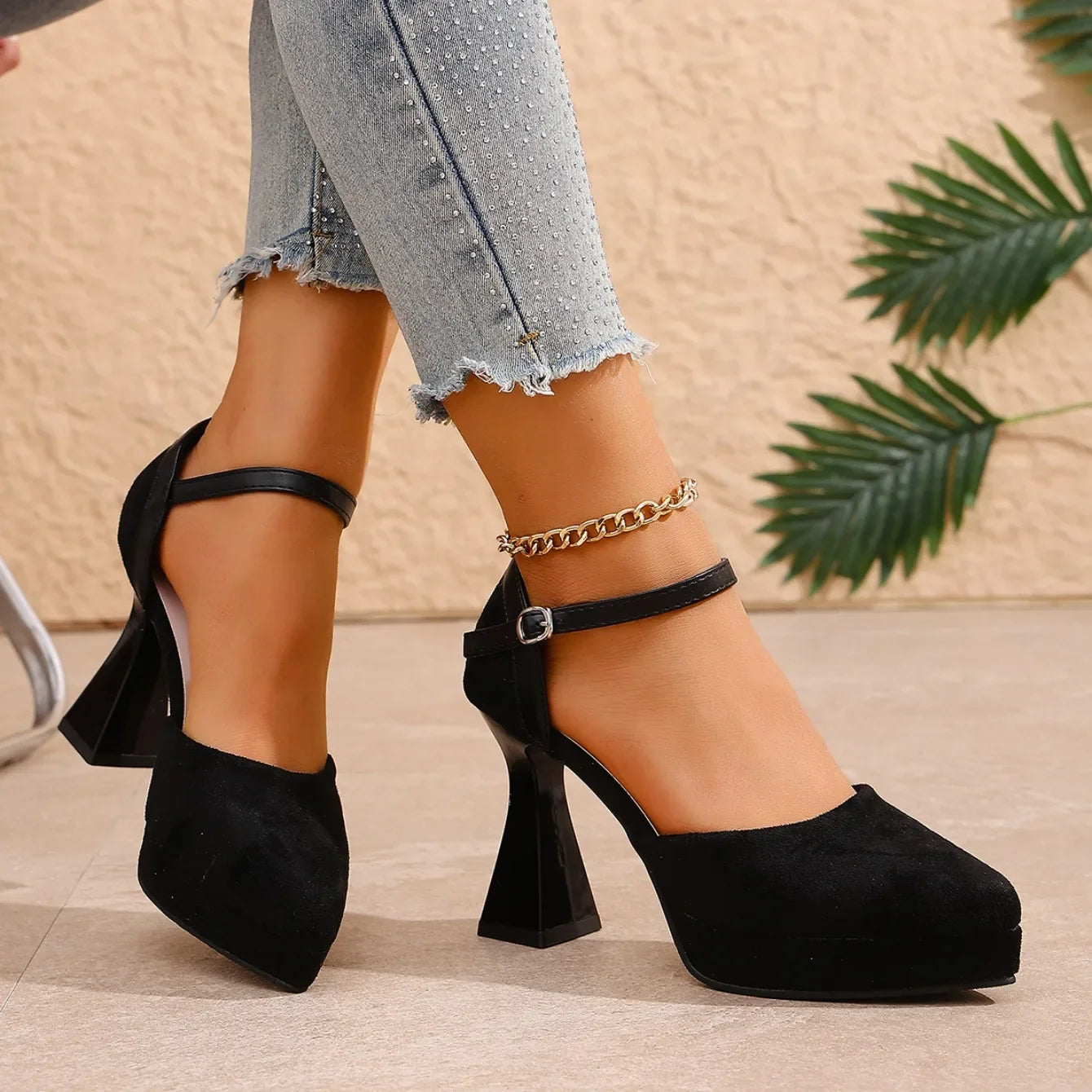 Quinley - Women's Velvet Platform Heels with Ankle Strap
