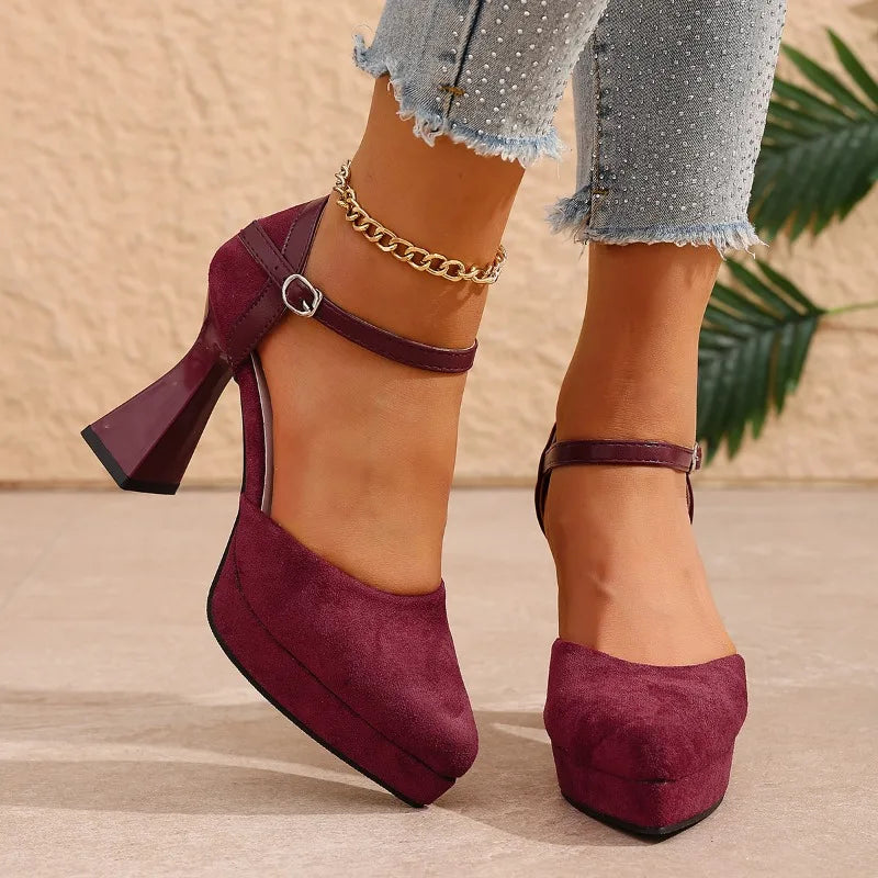 Quinley - Women's Velvet Platform Heels with Ankle Strap