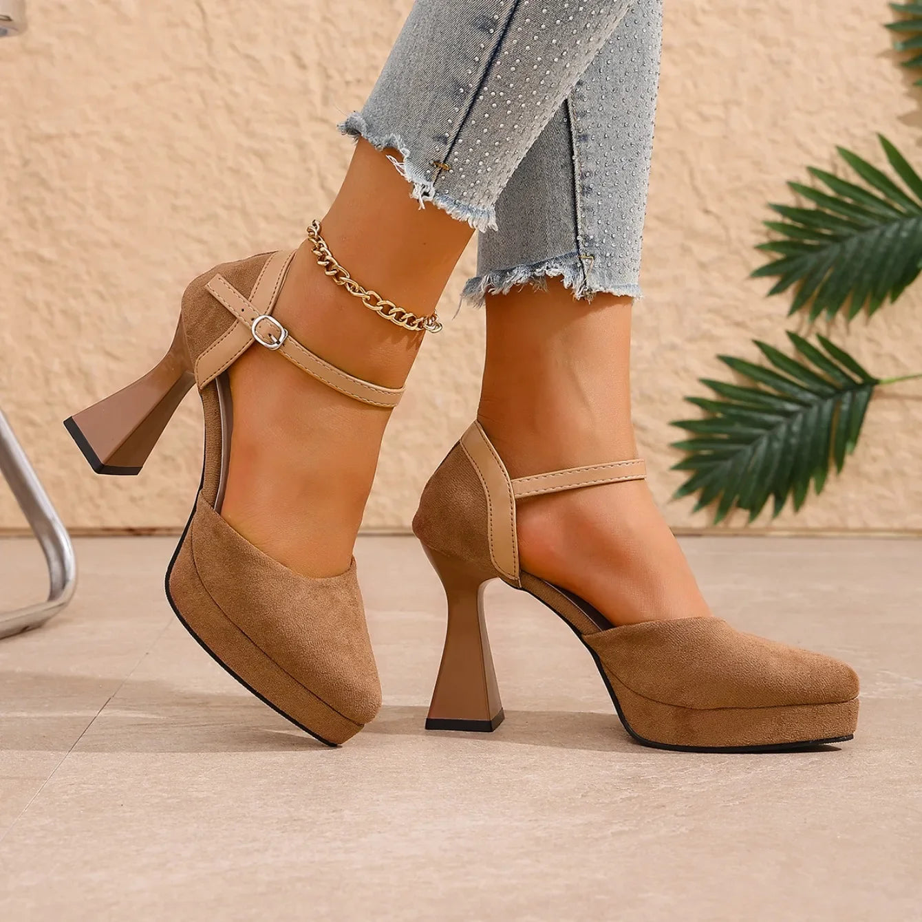 Quinley - Women's Velvet Platform Heels with Ankle Strap