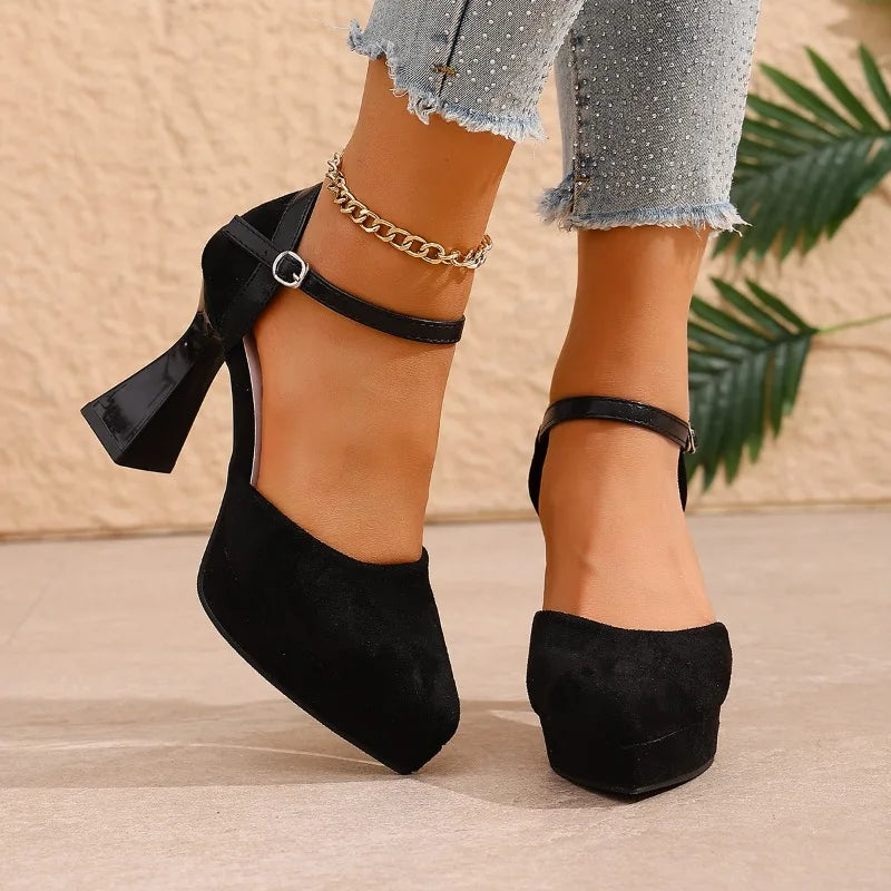 Quinley - Women's Velvet Platform Heels with Ankle Strap