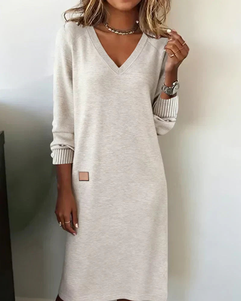 Raina - Women's Midi Knit Dress with Ribbed Cuffs