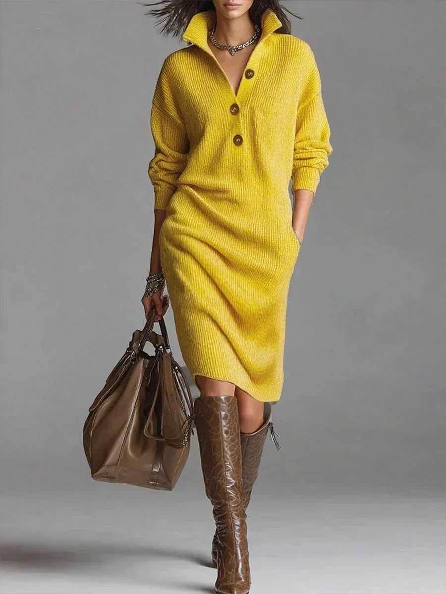 Riley - Women's Button-Front Ribbed Collar Midi Dress