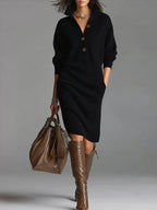 Riley - Women's Button-Front Ribbed Collar Midi Dress
