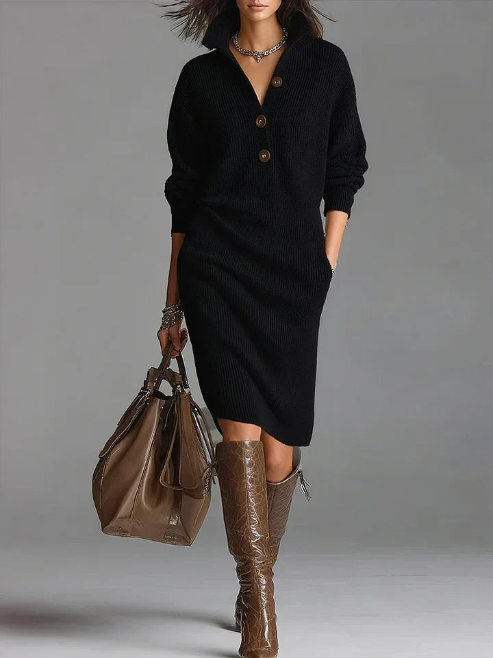 Riley - Women's Button-Front Ribbed Collar Midi Dress