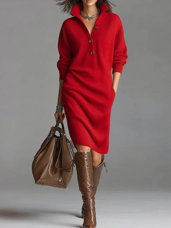 Riley - Women's Button-Front Ribbed Collar Midi Dress