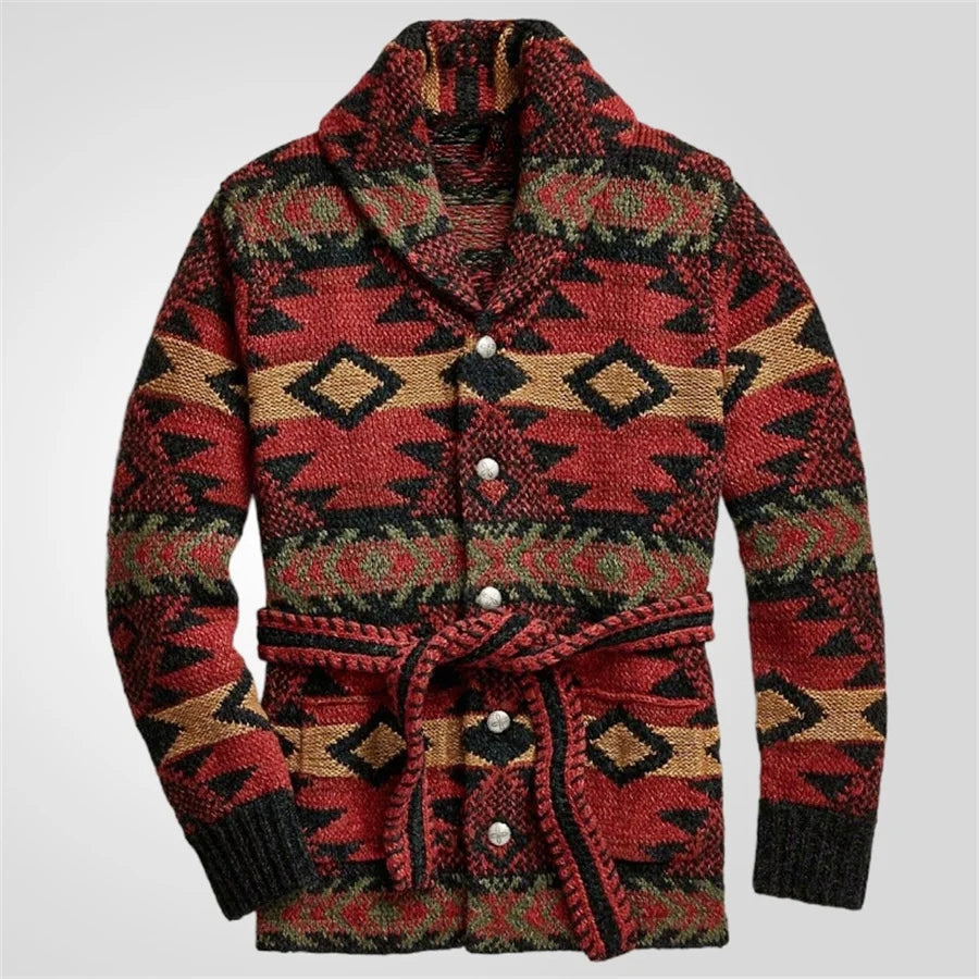 Ronan - Men's Shawl Collar Cardigan with Southwestern Geometric Knit