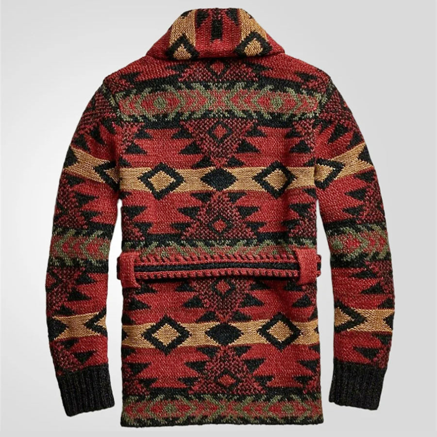 Ronan - Men's Shawl Collar Cardigan with Southwestern Geometric Knit