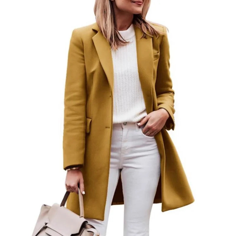 Rosemary - Women's Single-Breasted Longline Coat with Notch Lapels