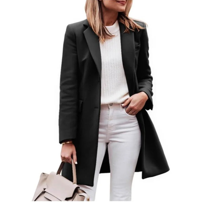 Rosemary - Women's Single-Breasted Longline Coat with Notch Lapels