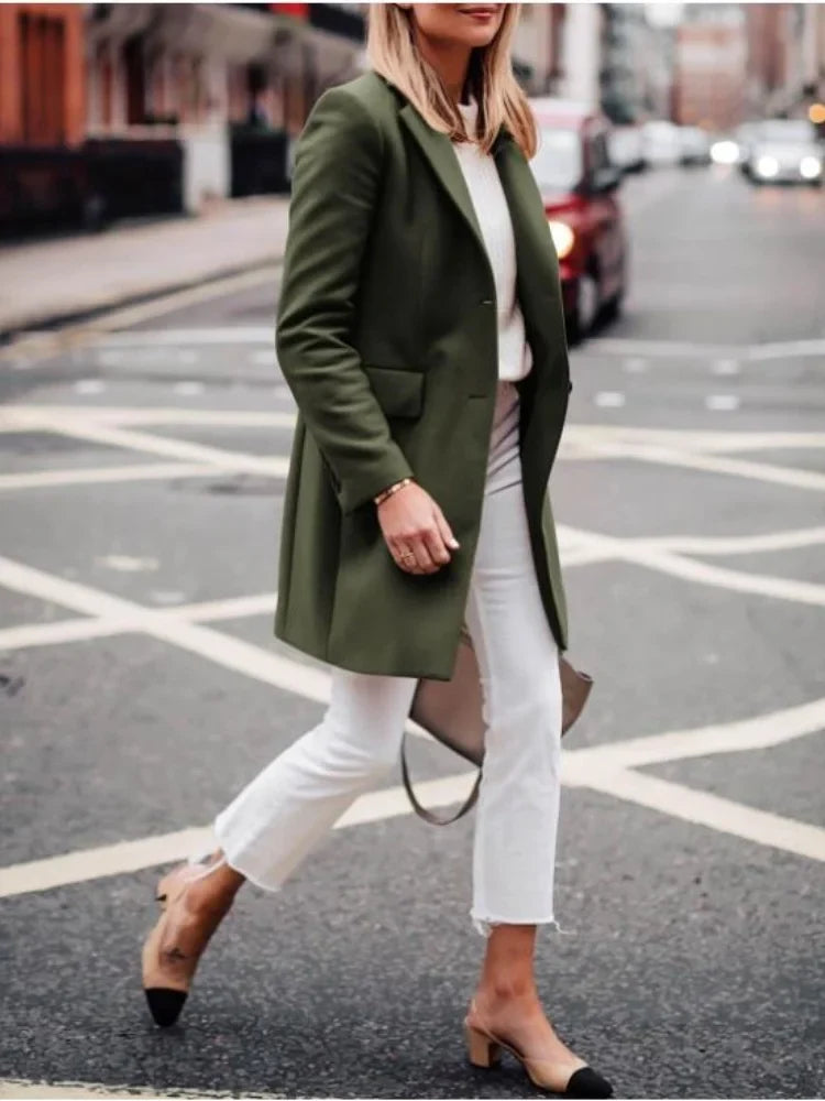 Rosemary - Women's Single-Breasted Longline Coat with Notch Lapels
