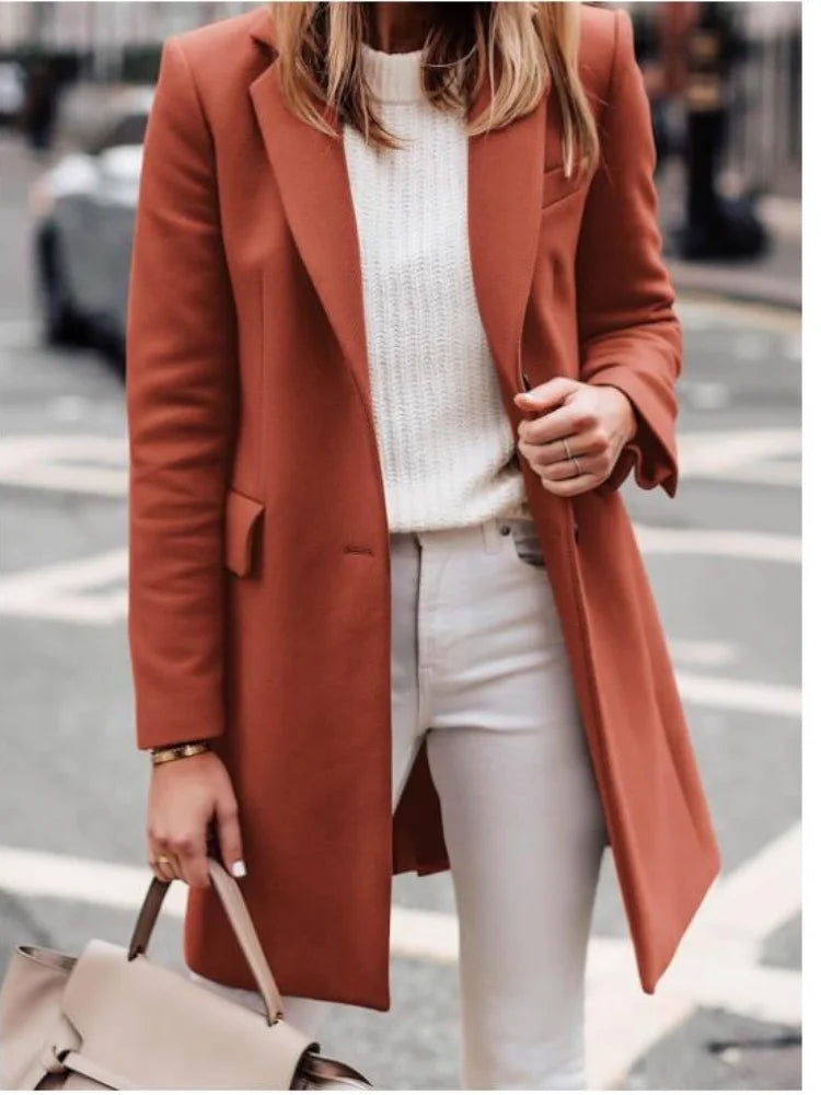 Rosemary - Women's Single-Breasted Longline Coat with Notch Lapels