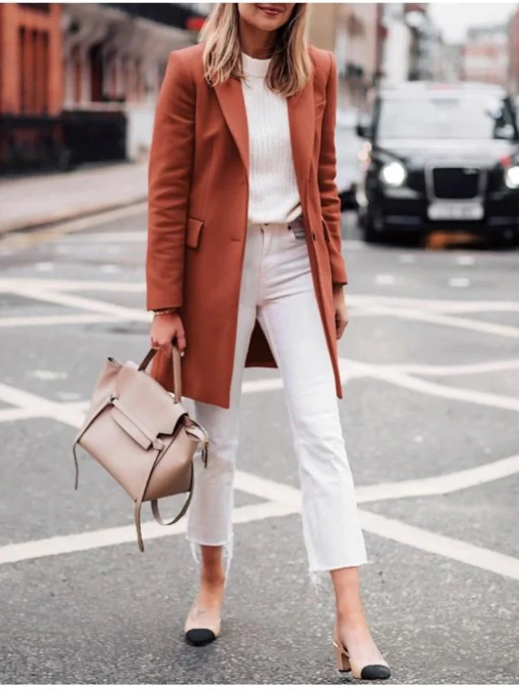 Rosemary - Women's Single-Breasted Longline Coat with Notch Lapels