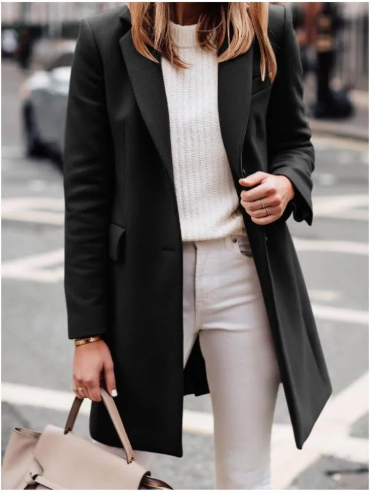 Rosemary - Women's Single-Breasted Longline Coat with Notch Lapels