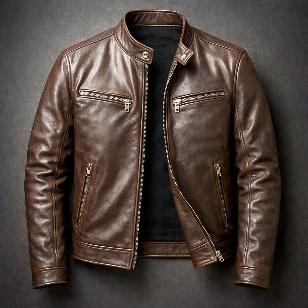 Rowan - Men's Leather Moto Jacket with Chest Zip Pockets