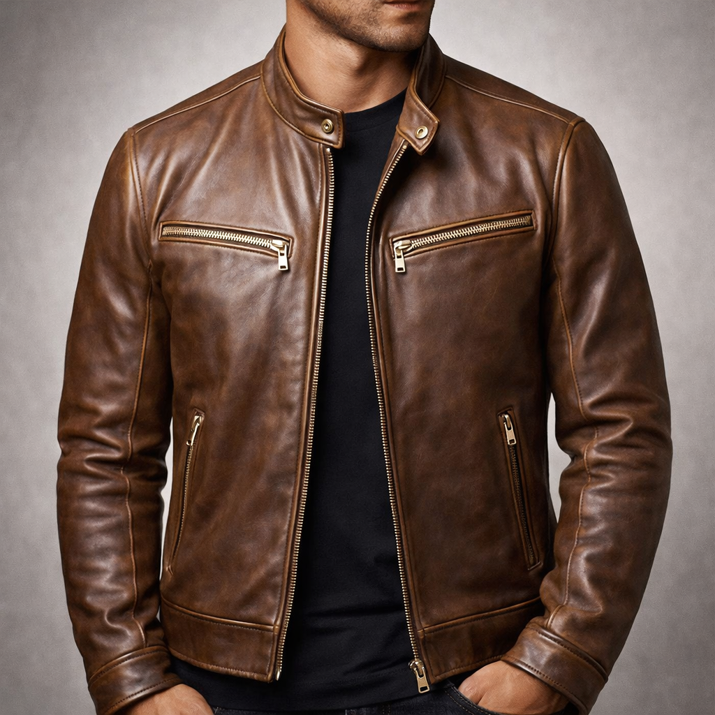Rowan - Men's Leather Moto Jacket with Chest Zip Pockets