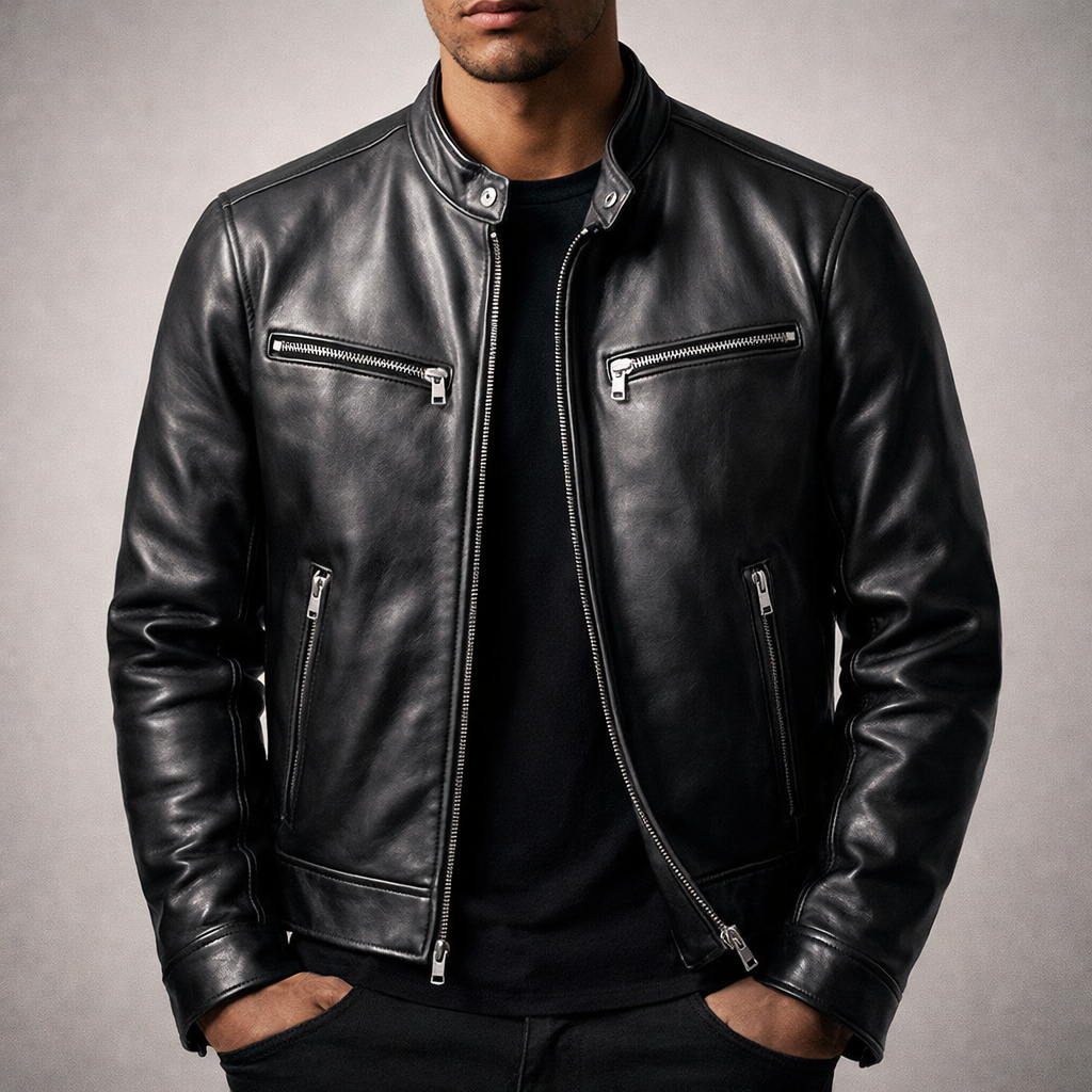 Rowan - Men's Leather Moto Jacket with Chest Zip Pockets