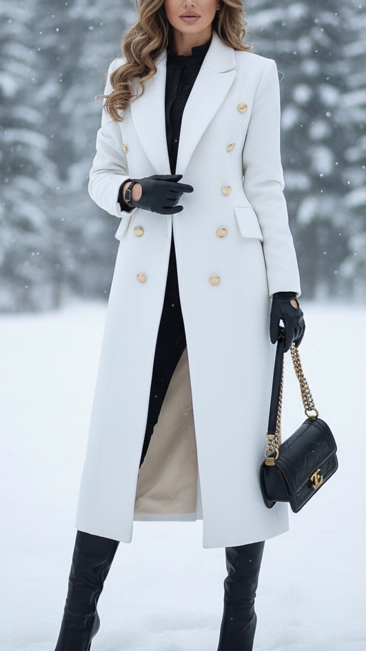 Sandara- Women's Double-Breasted Longline Coat with Gold Buttons