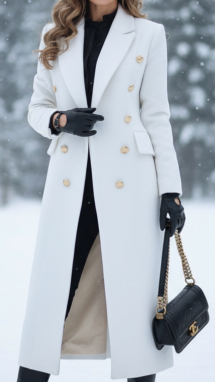 Sandara- Women's Double-Breasted Longline Coat with Gold Buttons