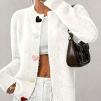 Sepia - Women's Fuzzy Button-Front Cardigan with Heart Appliqués