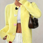 Sepia - Women's Fuzzy Button-Front Cardigan with Heart Appliqués