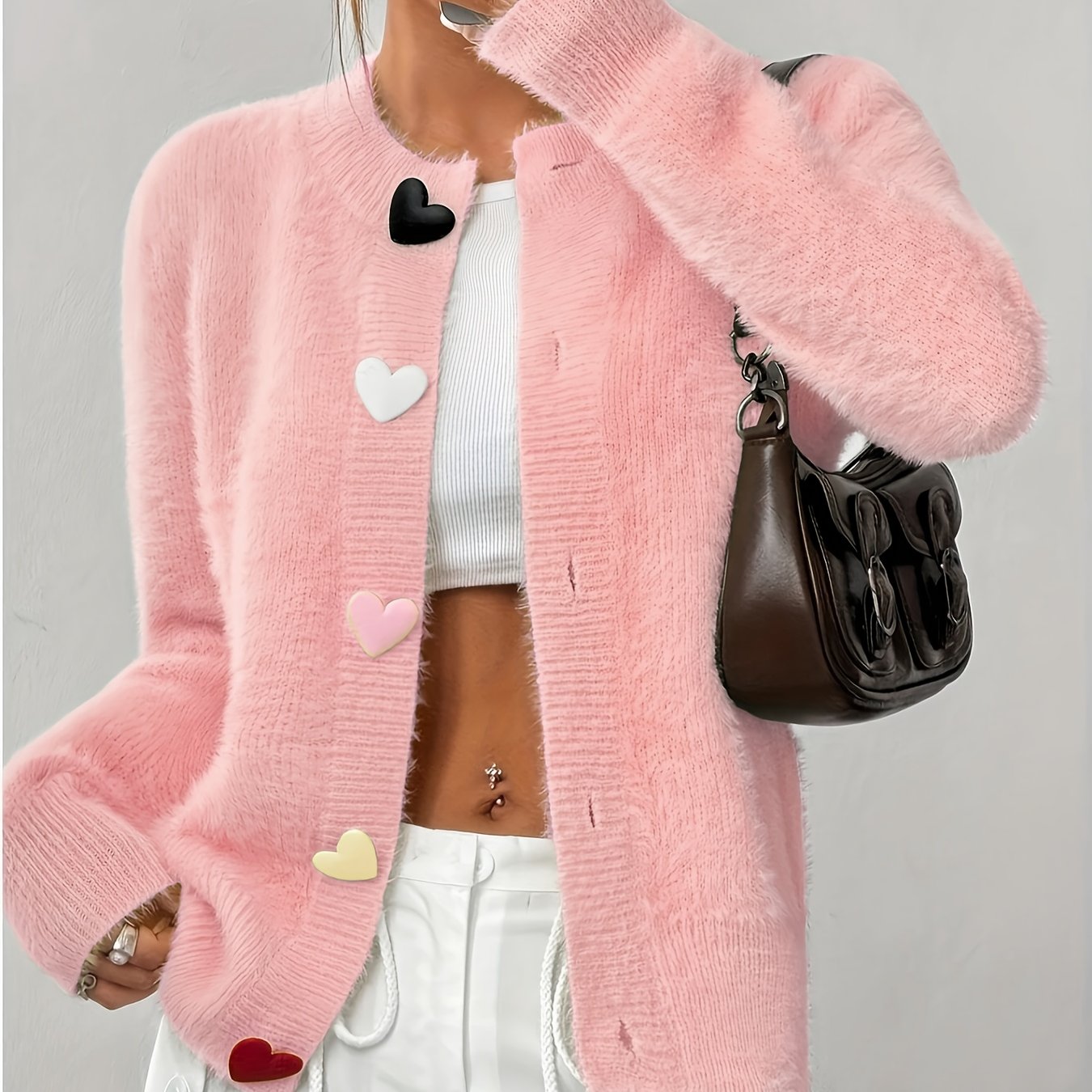 Sepia - Women's Fuzzy Button-Front Cardigan with Heart Appliqués