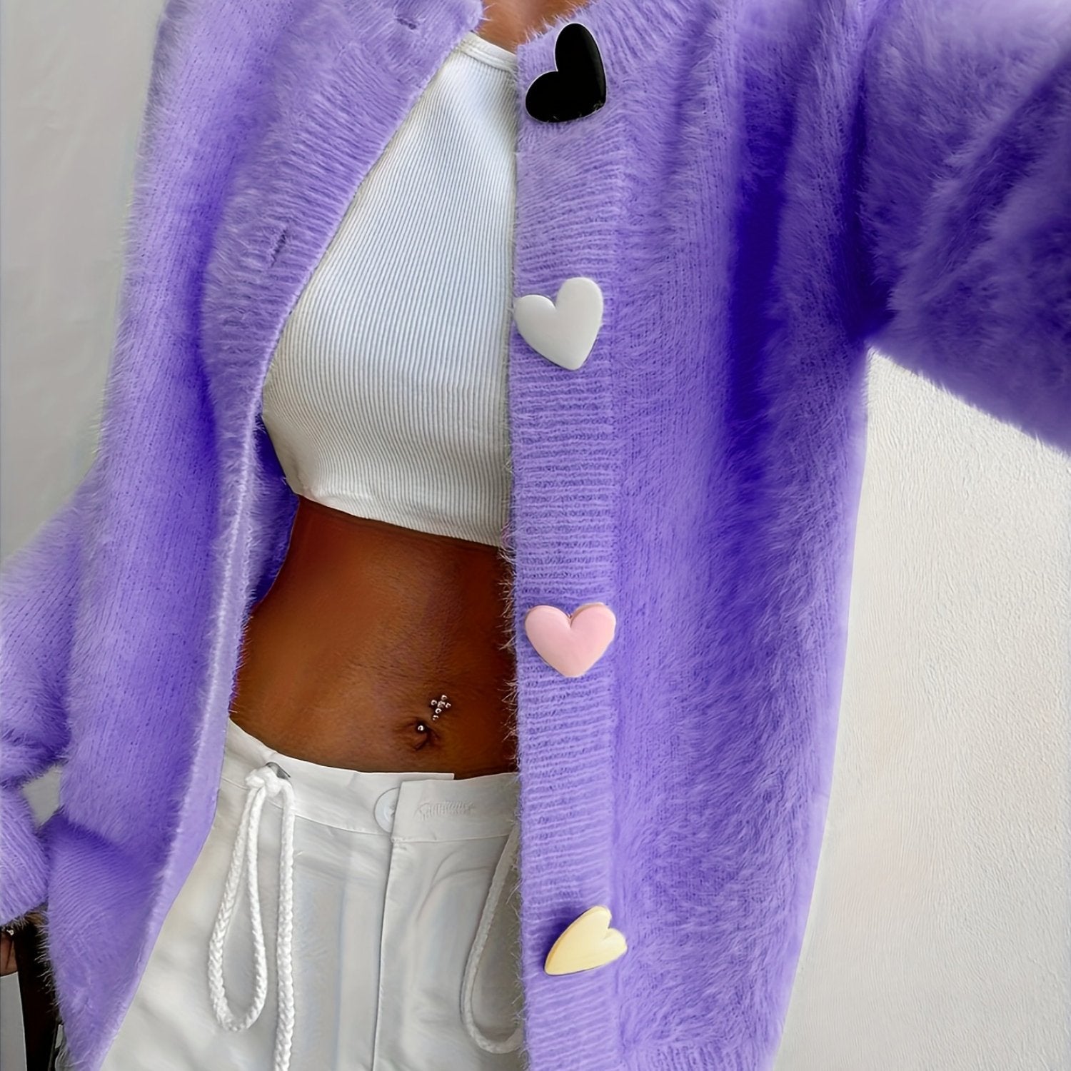 Sepia - Women's Fuzzy Button-Front Cardigan with Heart Appliqués