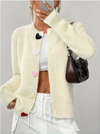 Sepia - Women's Fuzzy Button-Front Cardigan with Heart Appliqués
