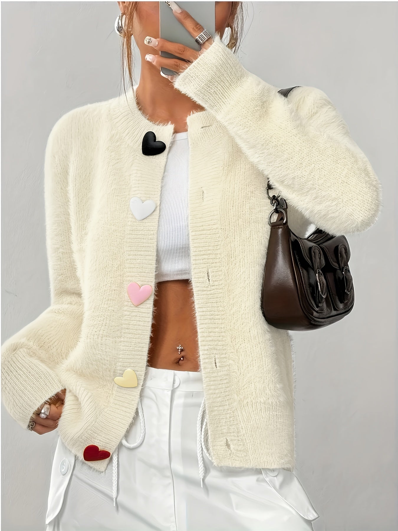 Sepia - Women's Fuzzy Button-Front Cardigan with Heart Appliqués