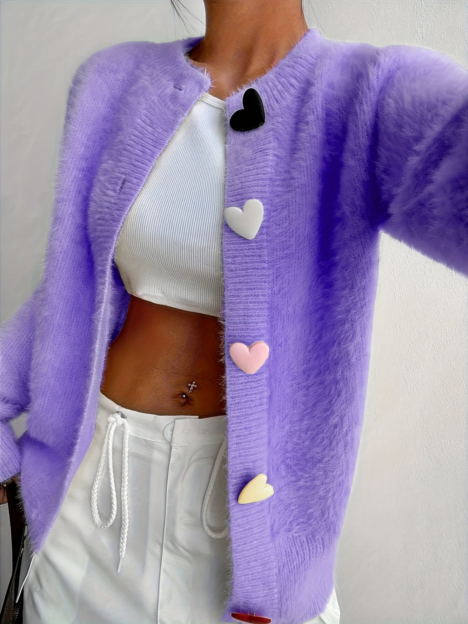 Sepia - Women's Fuzzy Button-Front Cardigan with Heart Appliqués