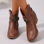 Serena - Women's Emblem-Buckle Leather Ankle Boots with Stacked Heel
