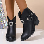 Serena - Women's Emblem-Buckle Leather Ankle Boots with Stacked Heel
