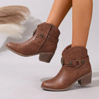Serena - Women's Emblem-Buckle Leather Ankle Boots with Stacked Heel