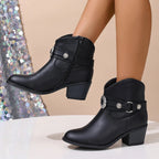 Serena - Women's Emblem-Buckle Leather Ankle Boots with Stacked Heel