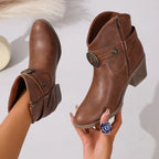 Serena - Women's Emblem-Buckle Leather Ankle Boots with Stacked Heel