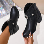 Serena - Women's Emblem-Buckle Leather Ankle Boots with Stacked Heel