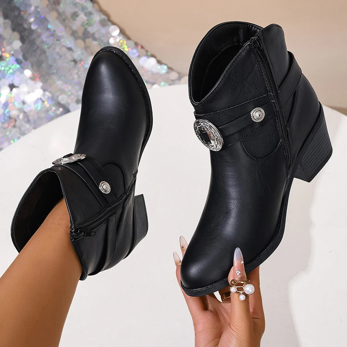 Serena - Women's Emblem-Buckle Leather Ankle Boots with Stacked Heel