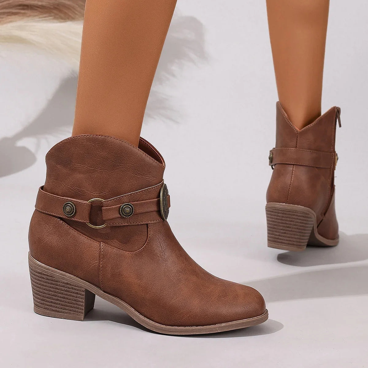 Serena - Women's Emblem-Buckle Leather Ankle Boots with Stacked Heel