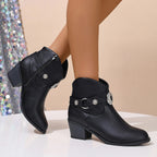 Serena - Women's Emblem-Buckle Leather Ankle Boots with Stacked Heel