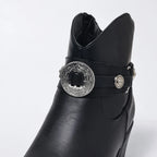 Serena - Women's Emblem-Buckle Leather Ankle Boots with Stacked Heel