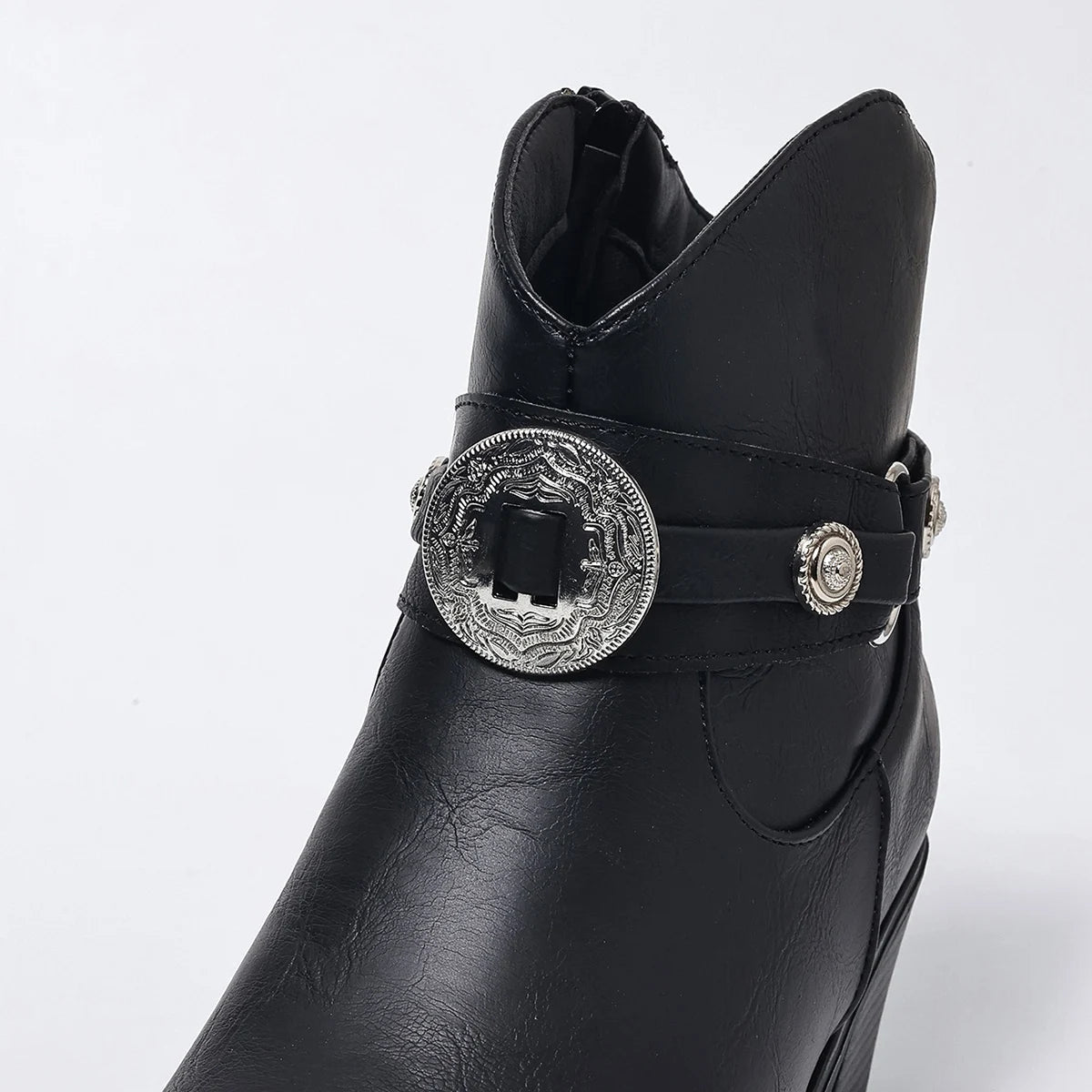 Serena - Women's Emblem-Buckle Leather Ankle Boots with Stacked Heel