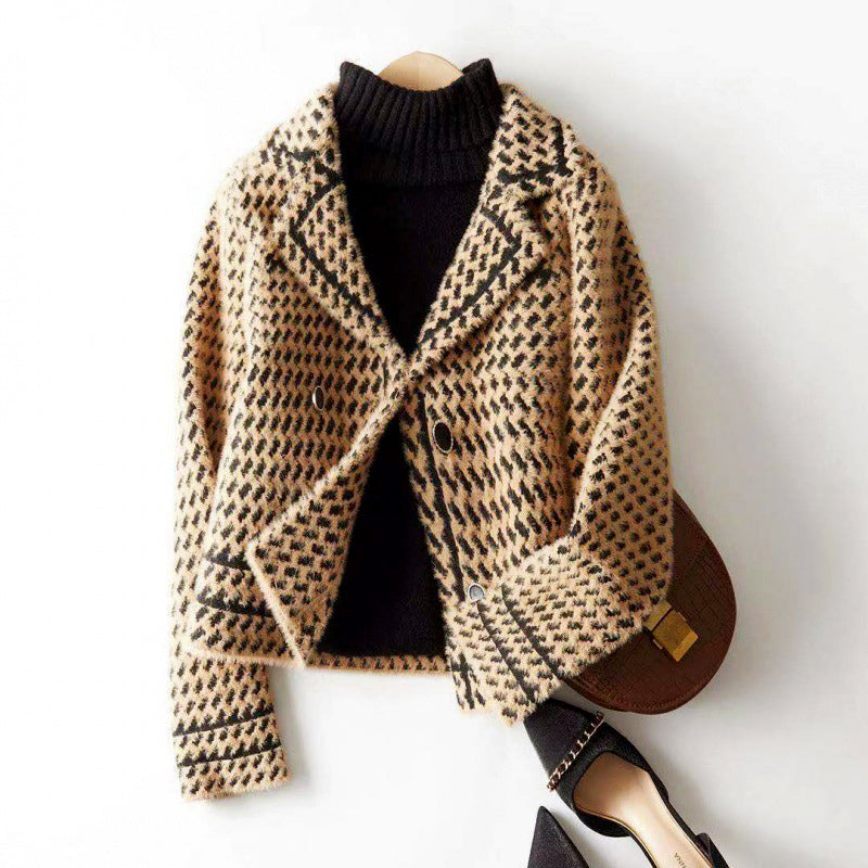 Serenity - Women's Double-Breasted Houndstooth Blazer